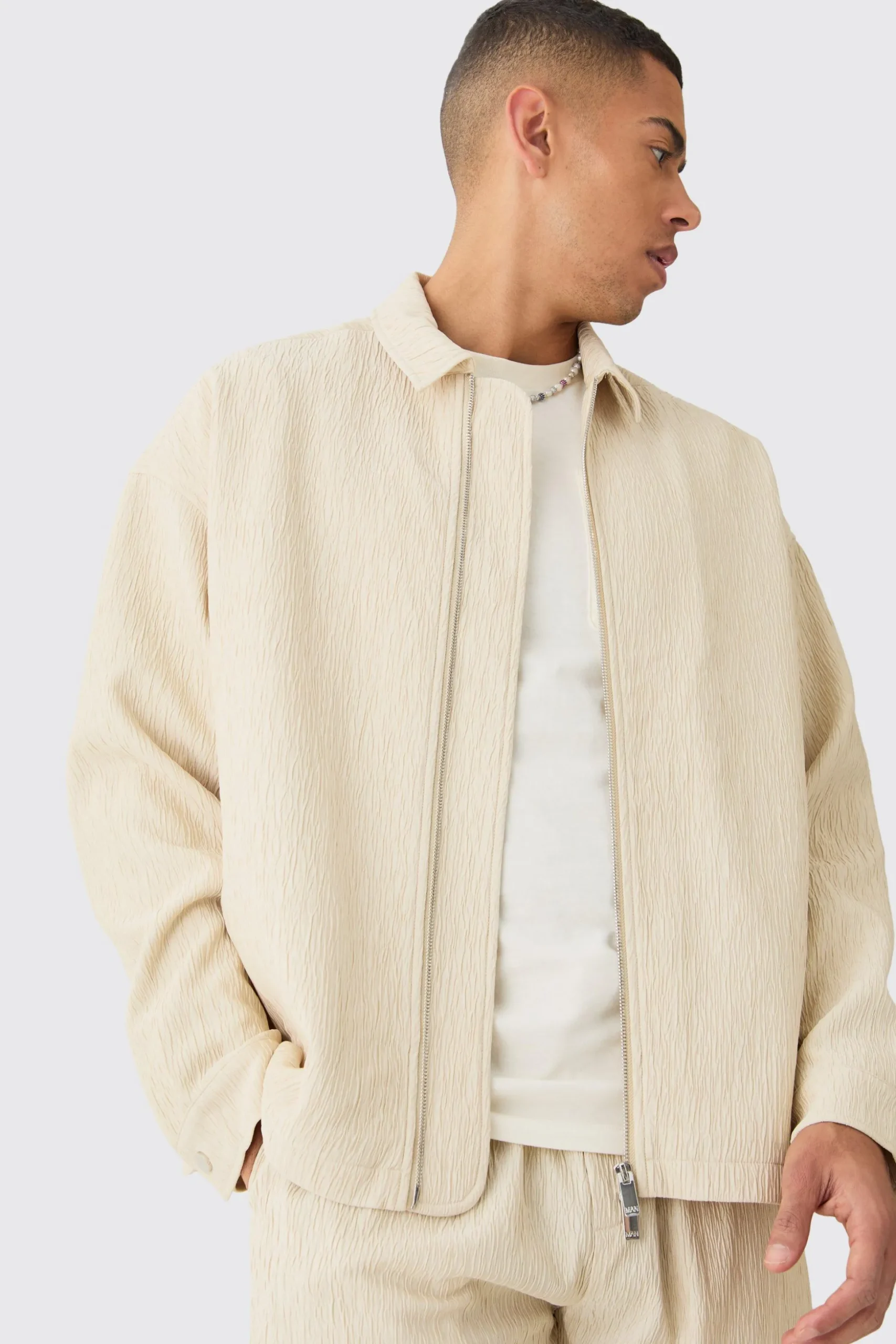 Textured Satin Regular Fit Zip Up Harrington Jacket | BoohooMAN UK
