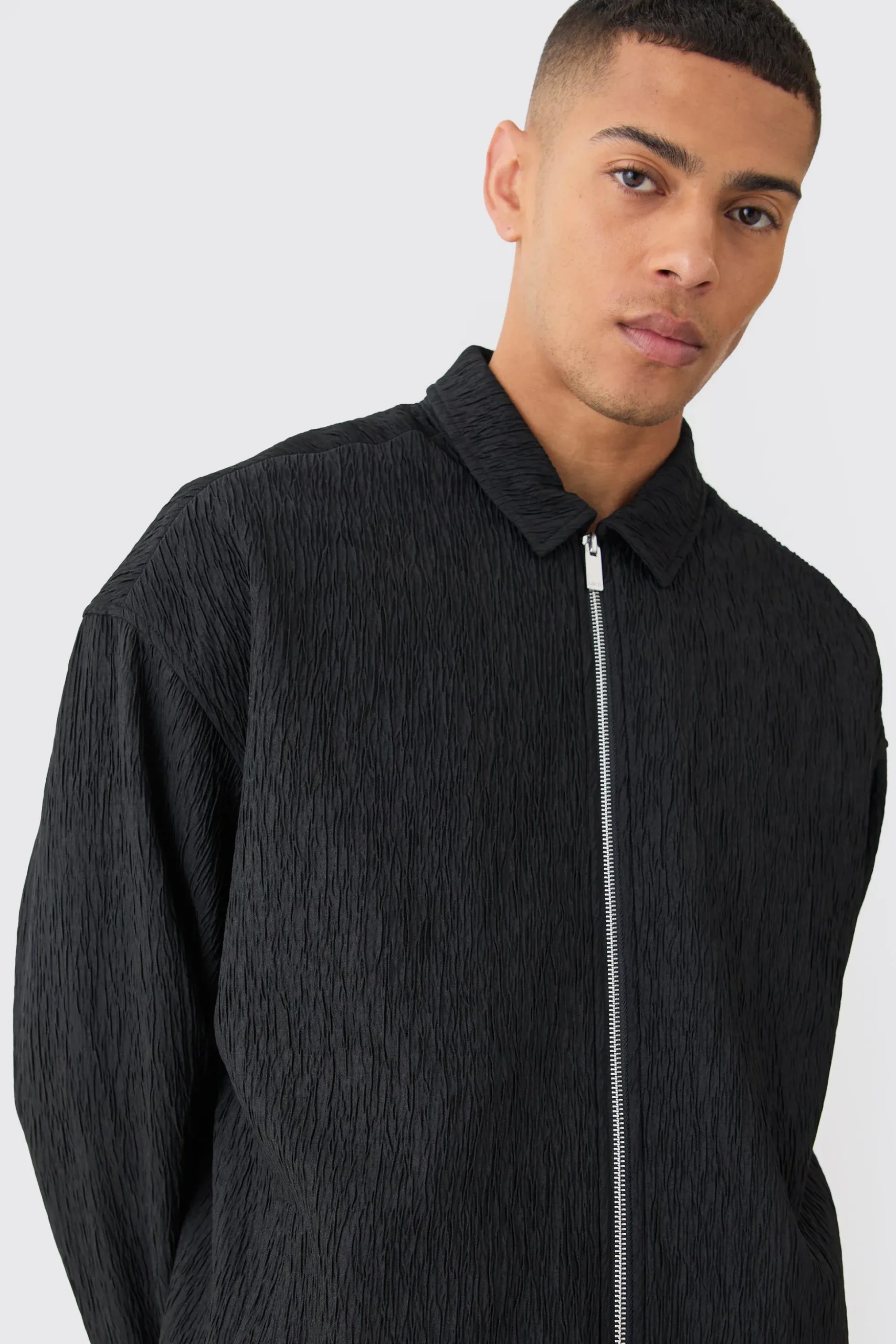 Textured Satin Zip Up Harrington Jacket | BoohooMAN UK