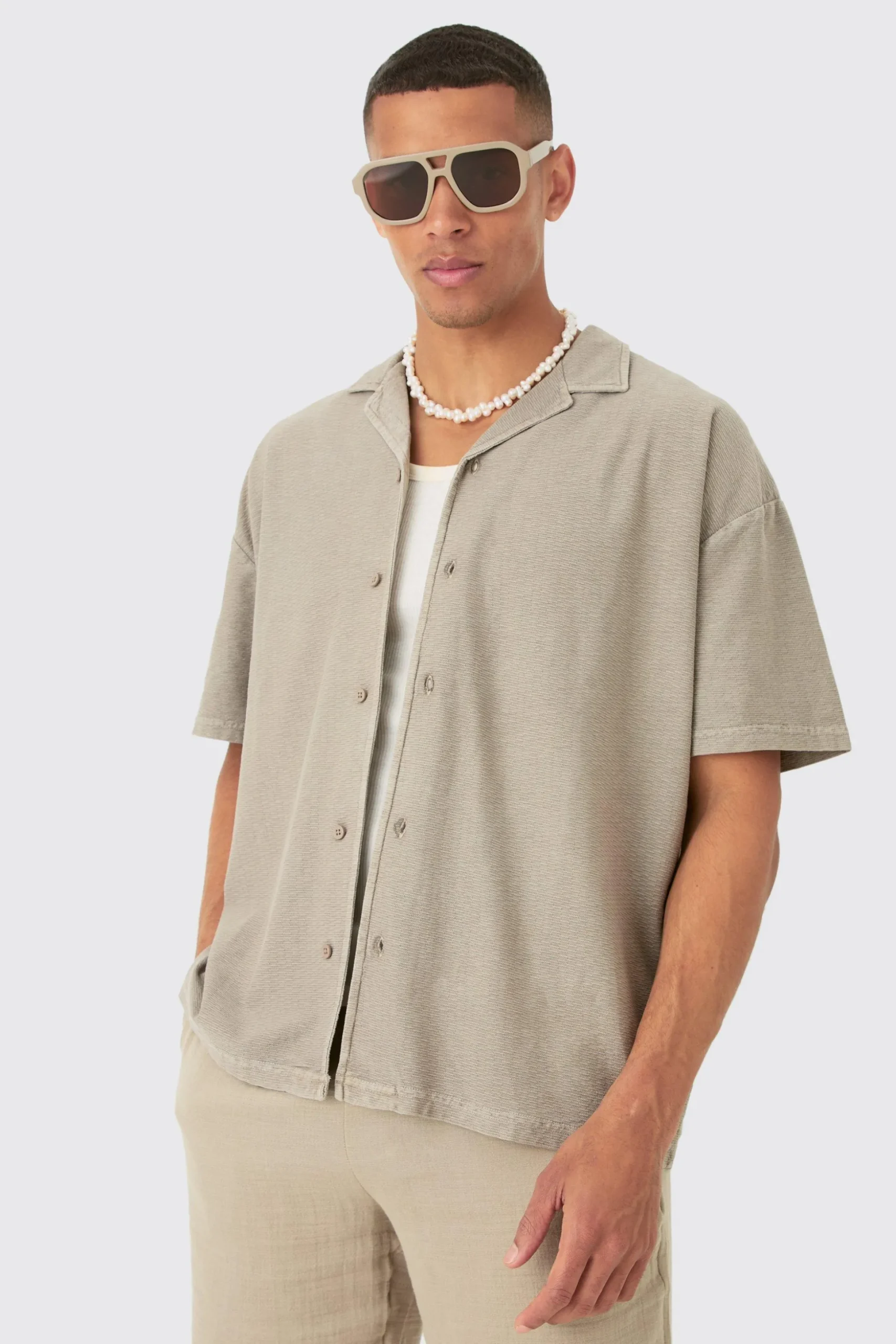 Textured Washed Dropped Shoulder Revere Shirt | BoohooMAN UK