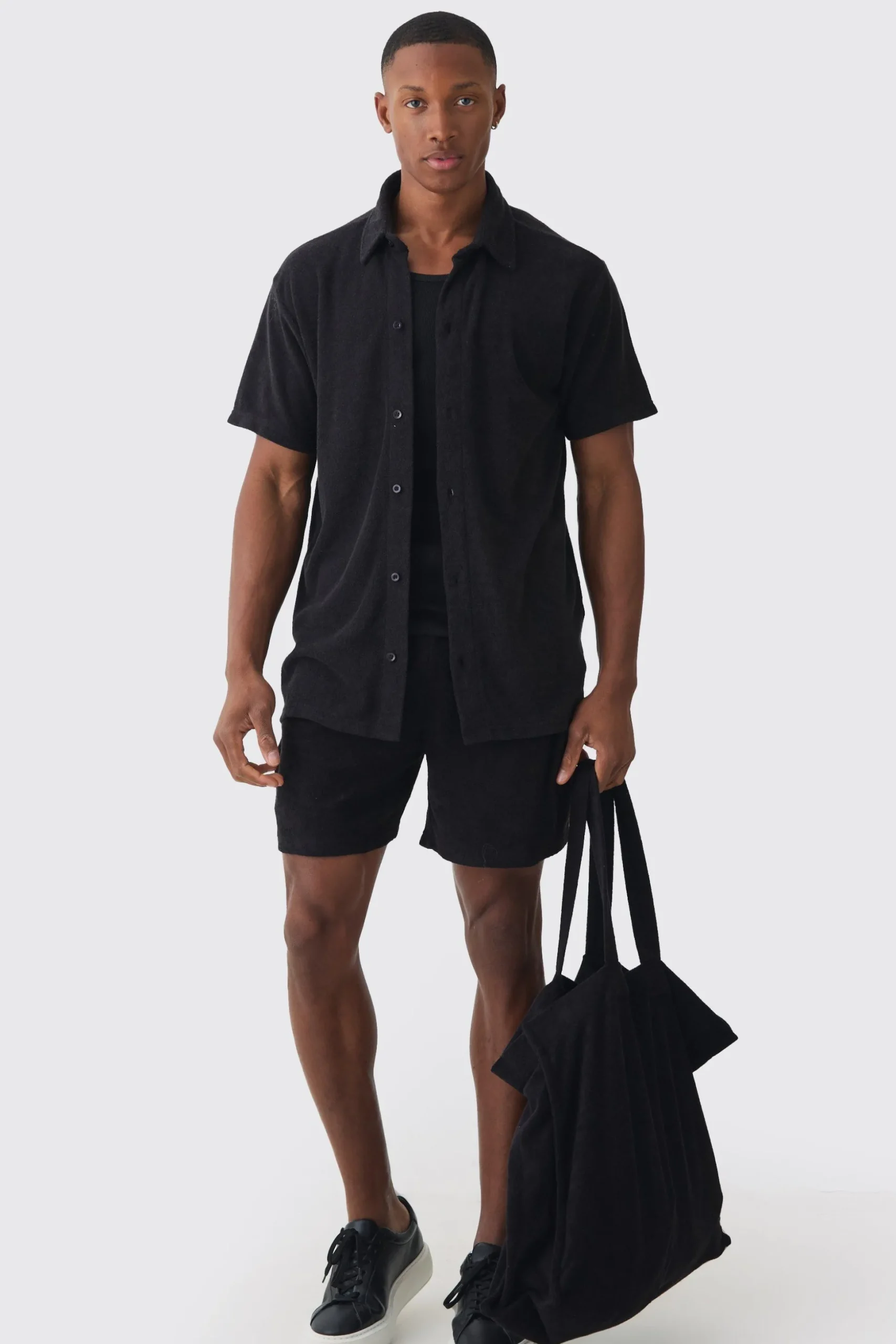 Towelling 3 Piece Shirt, Short & Tote Set | BoohooMAN UK