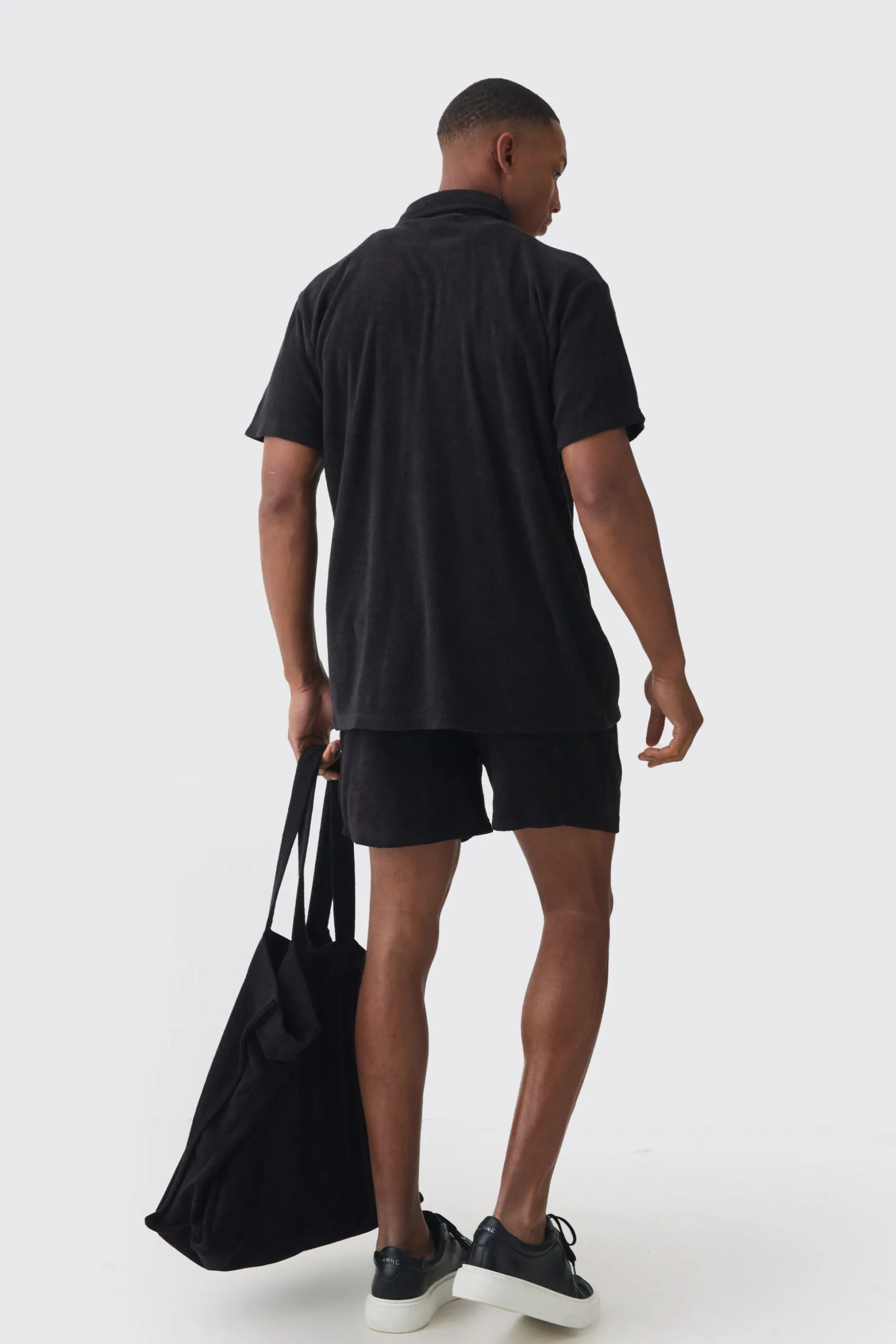 Towelling 3 Piece Shirt, Short & Tote Set | BoohooMAN UK
