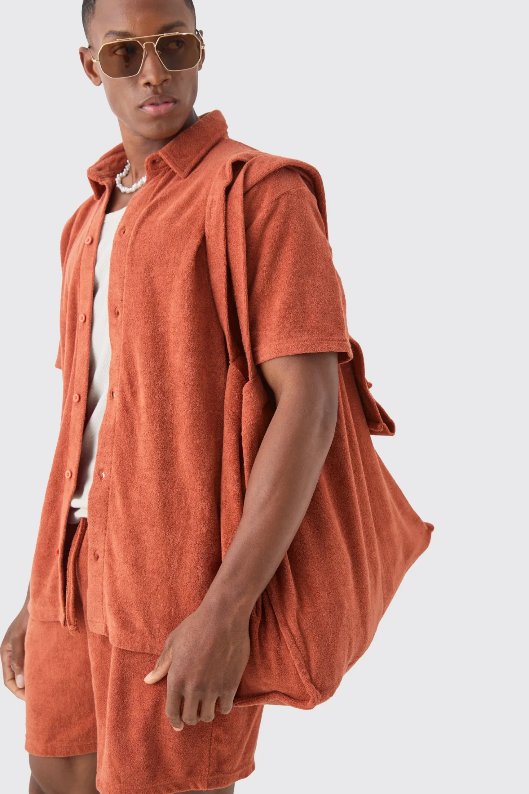 Towelling 3 Piece Shirt, Short & Tote Set | BoohooMAN UK