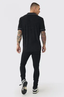 Towelling Polo With Piping & Metal Tab | BoohooMAN UK