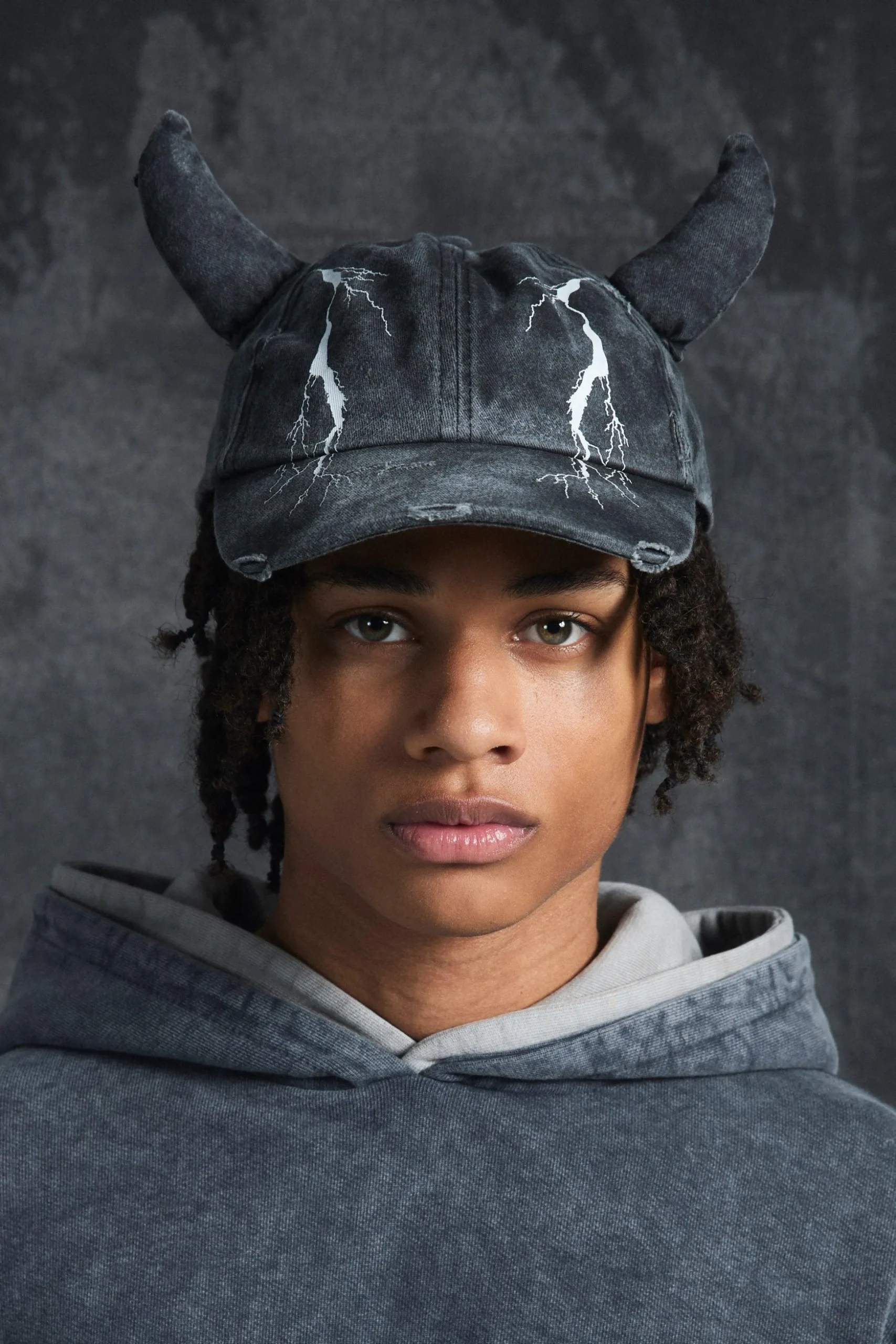 Trippie Redd Graphic Print Distressed Horn Cap In Black | BoohooMAN UK