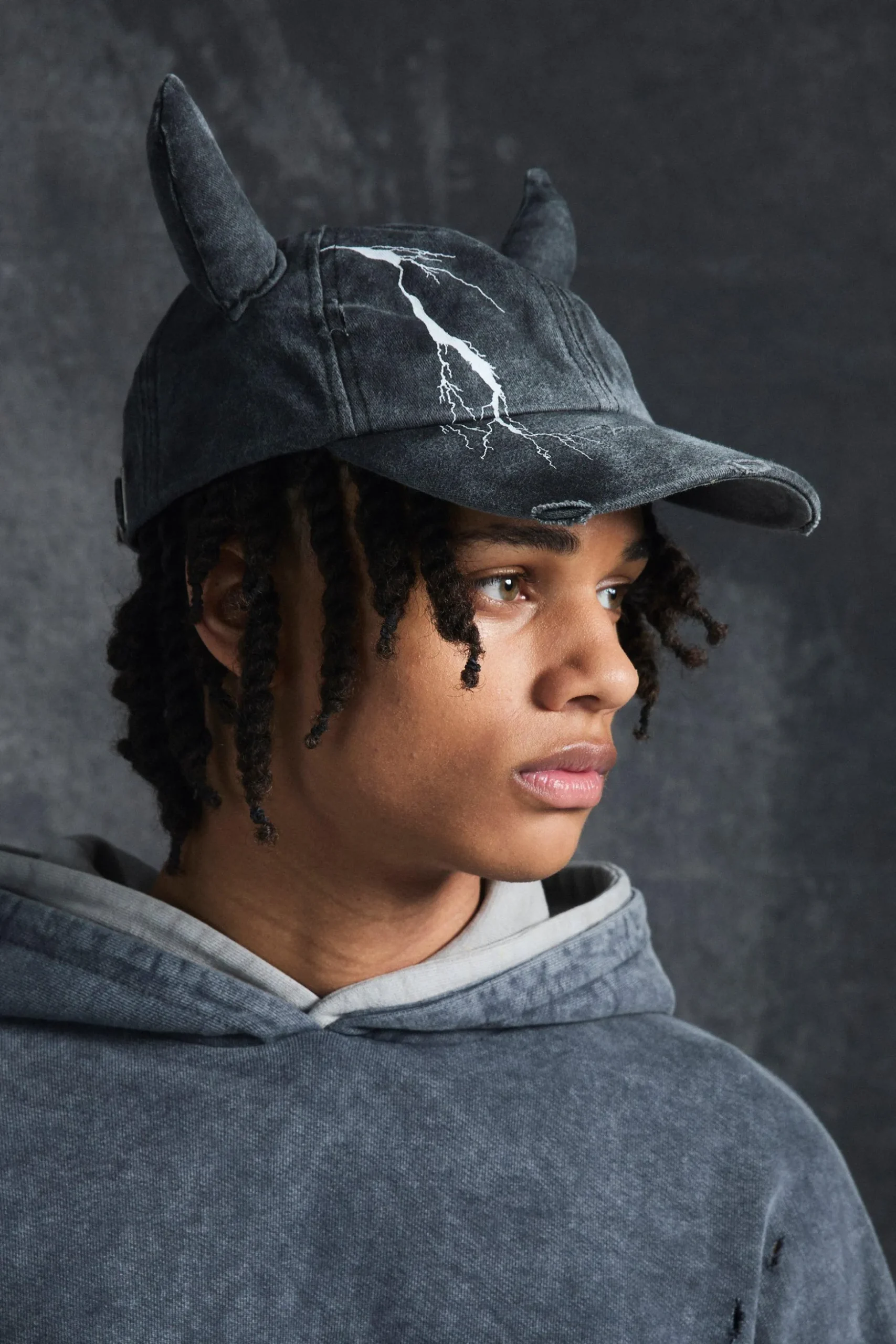 Trippie Redd Graphic Print Distressed Horn Cap In Black | BoohooMAN UK