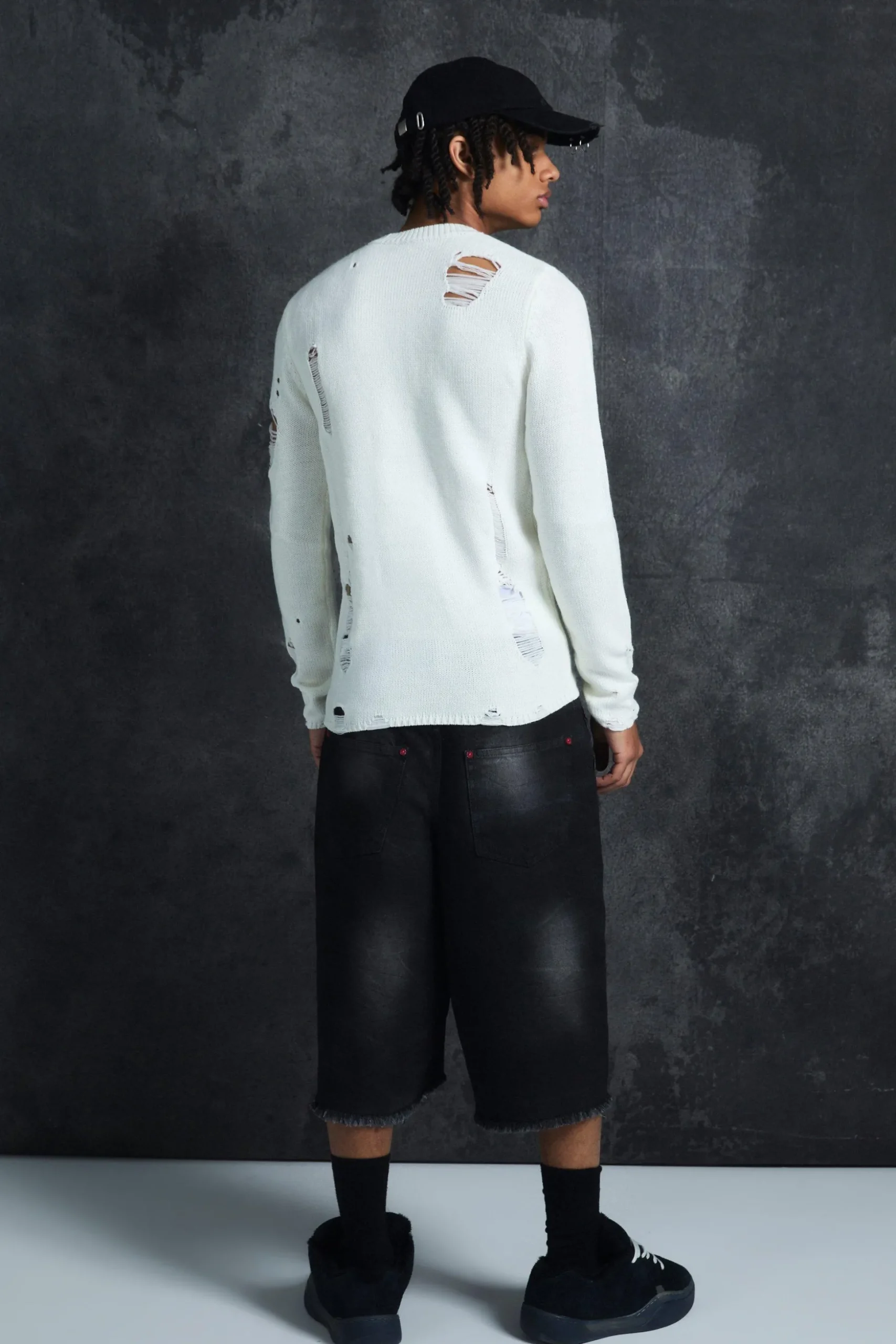 Trippie Redd Long Line Extreme Washed Denim Jorts | BoohooMAN UK