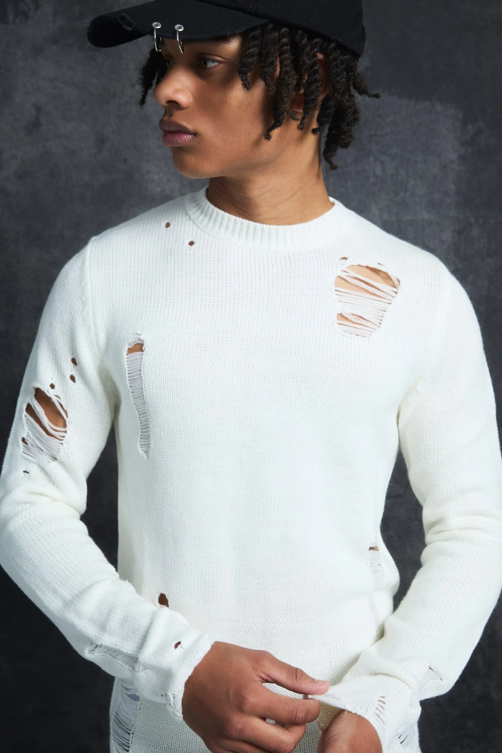Trippie Redd Muscle Fit Distressed Jumper | BoohooMAN UK