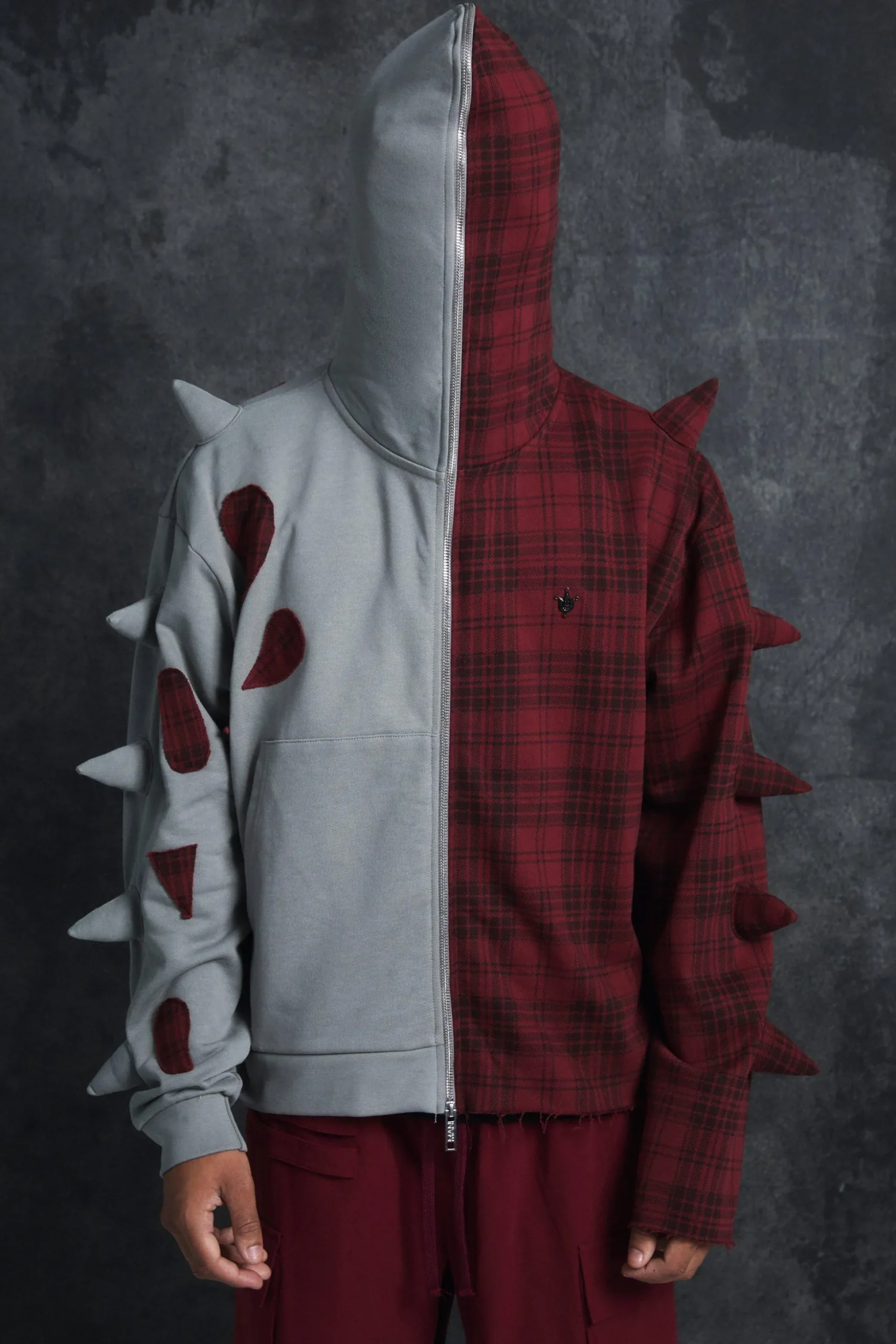 Trippie Redd Oversized Boxy Full Zip Through Spike And Check Hoodie | BoohooMAN UK