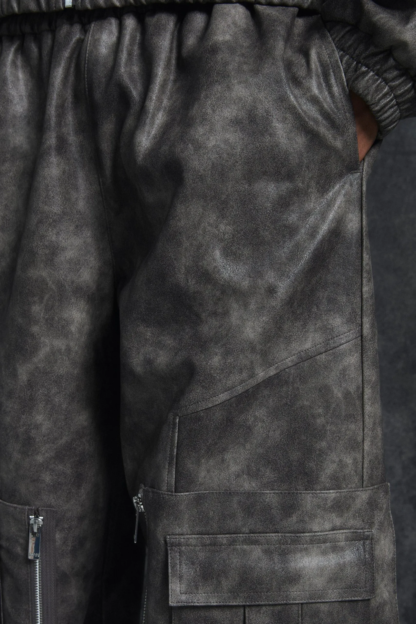 Trippie Redd Relaxed Faux Leather Elastic Waist Cargo Trouser | BoohooMAN UK