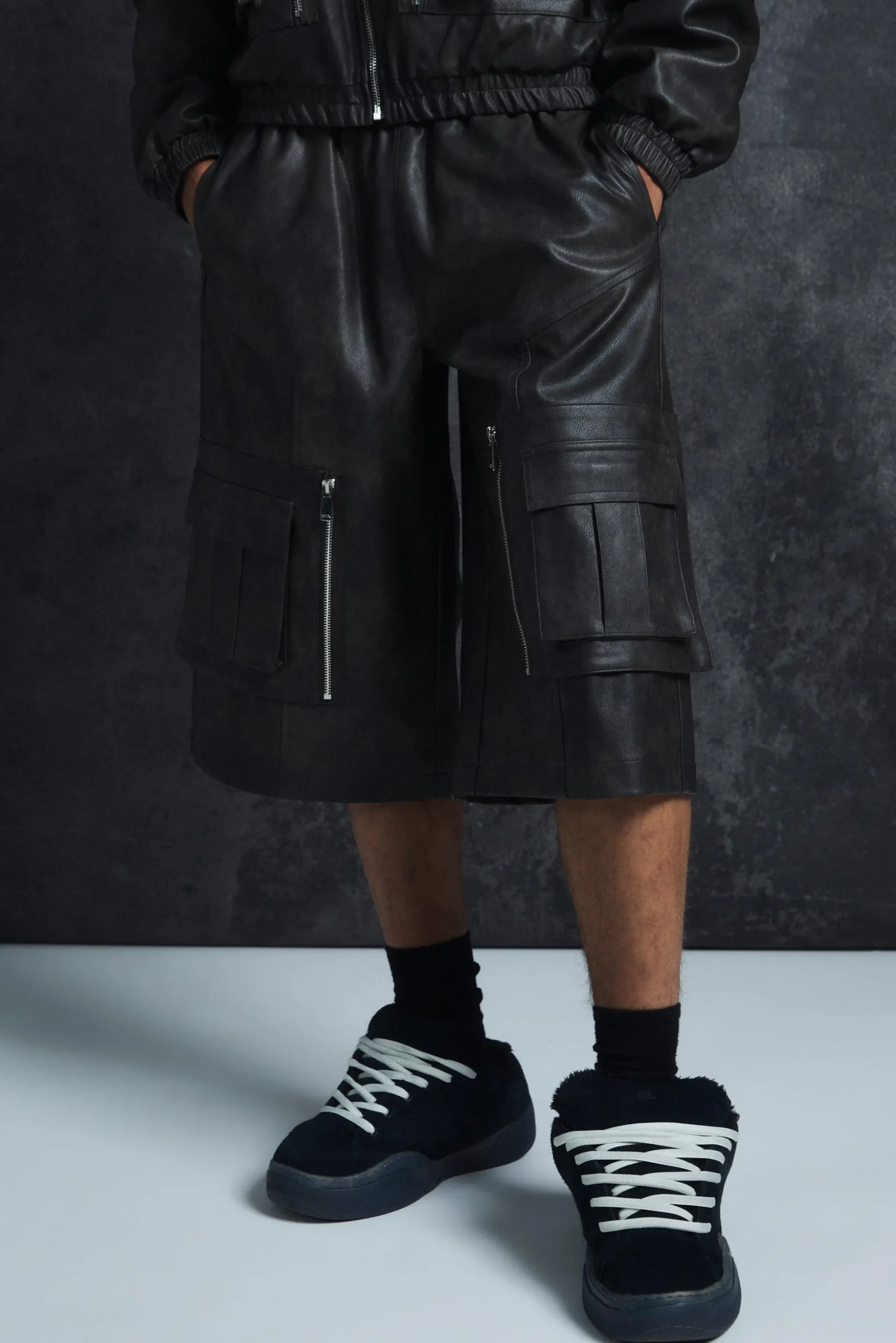 Trippie Redd Relaxed Longline Washed Pu Cargo Jorts In Black | BoohooMAN UK