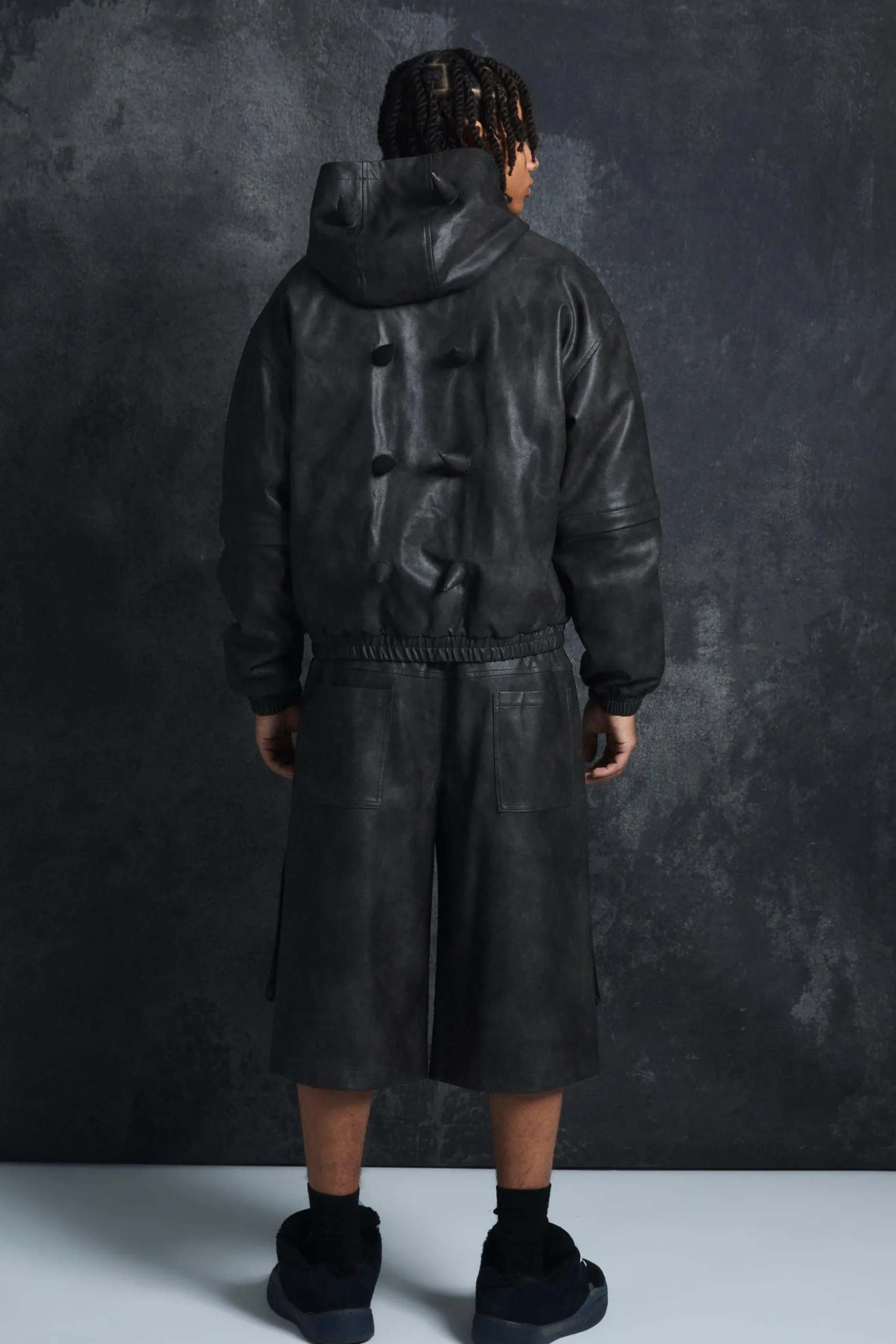 Trippie Redd Relaxed Longline Washed Pu Cargo Jorts In Black | BoohooMAN UK