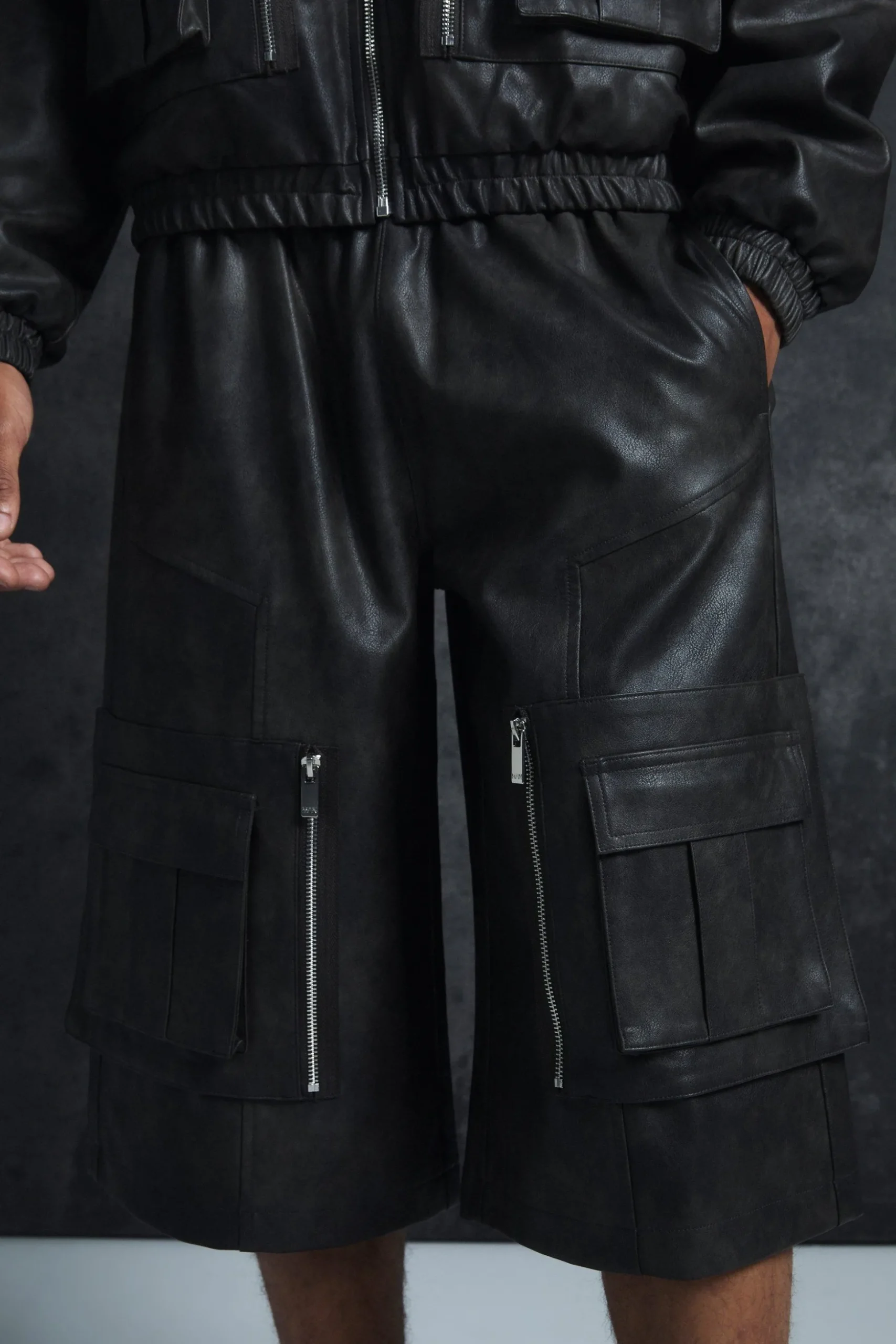 Trippie Redd Relaxed Longline Washed Pu Cargo Jorts In Black | BoohooMAN UK