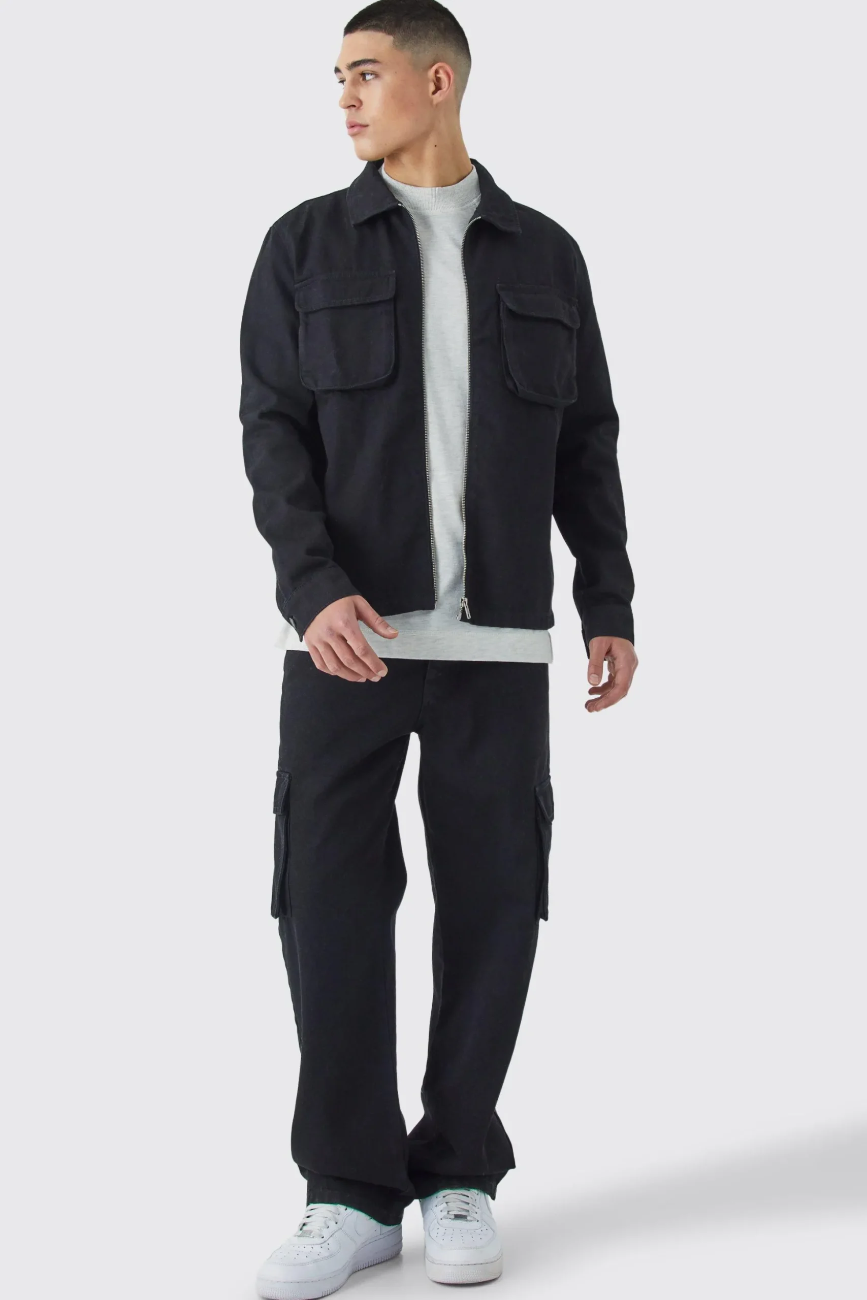 Twill Cargo Overshirt & Trouser | BoohooMAN UK