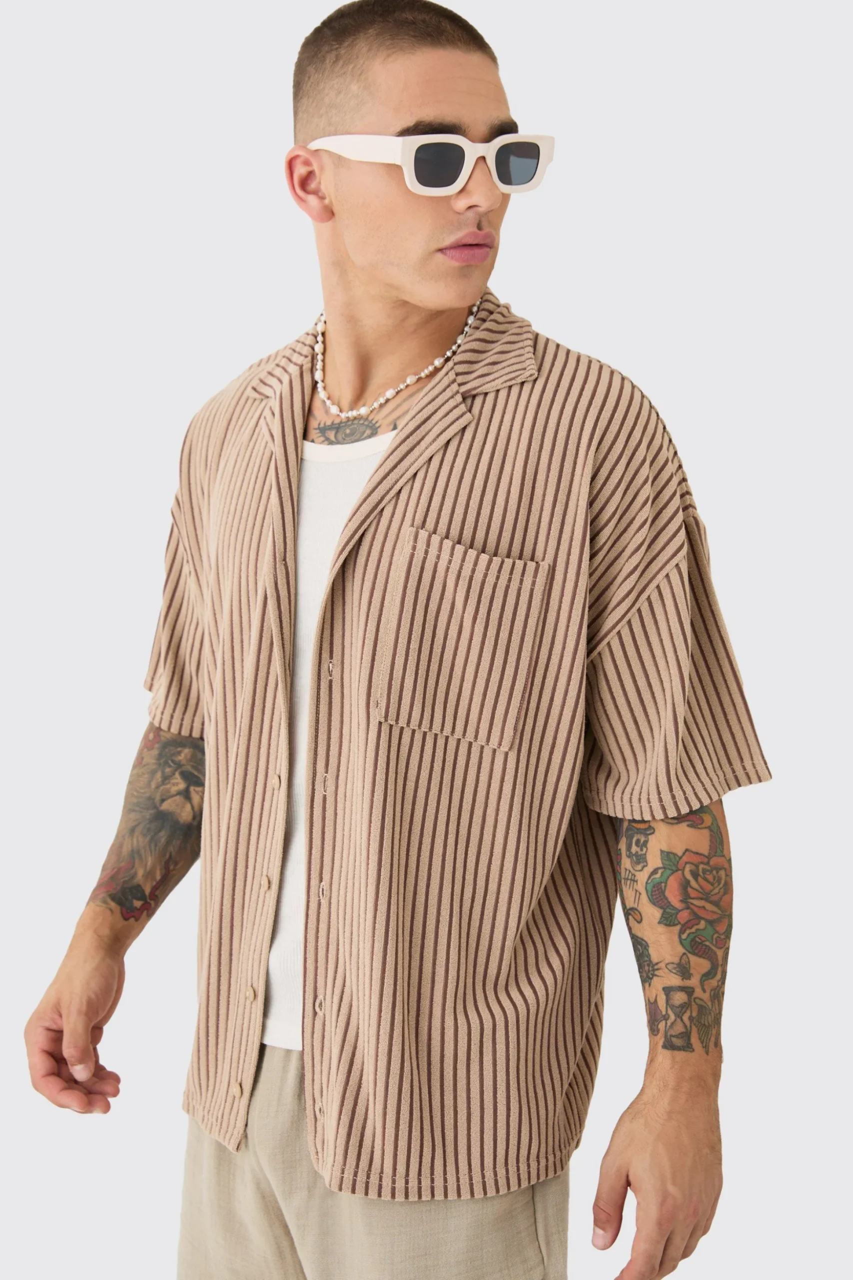 Two Tone Towelling Boxy Shirt | BoohooMAN UK