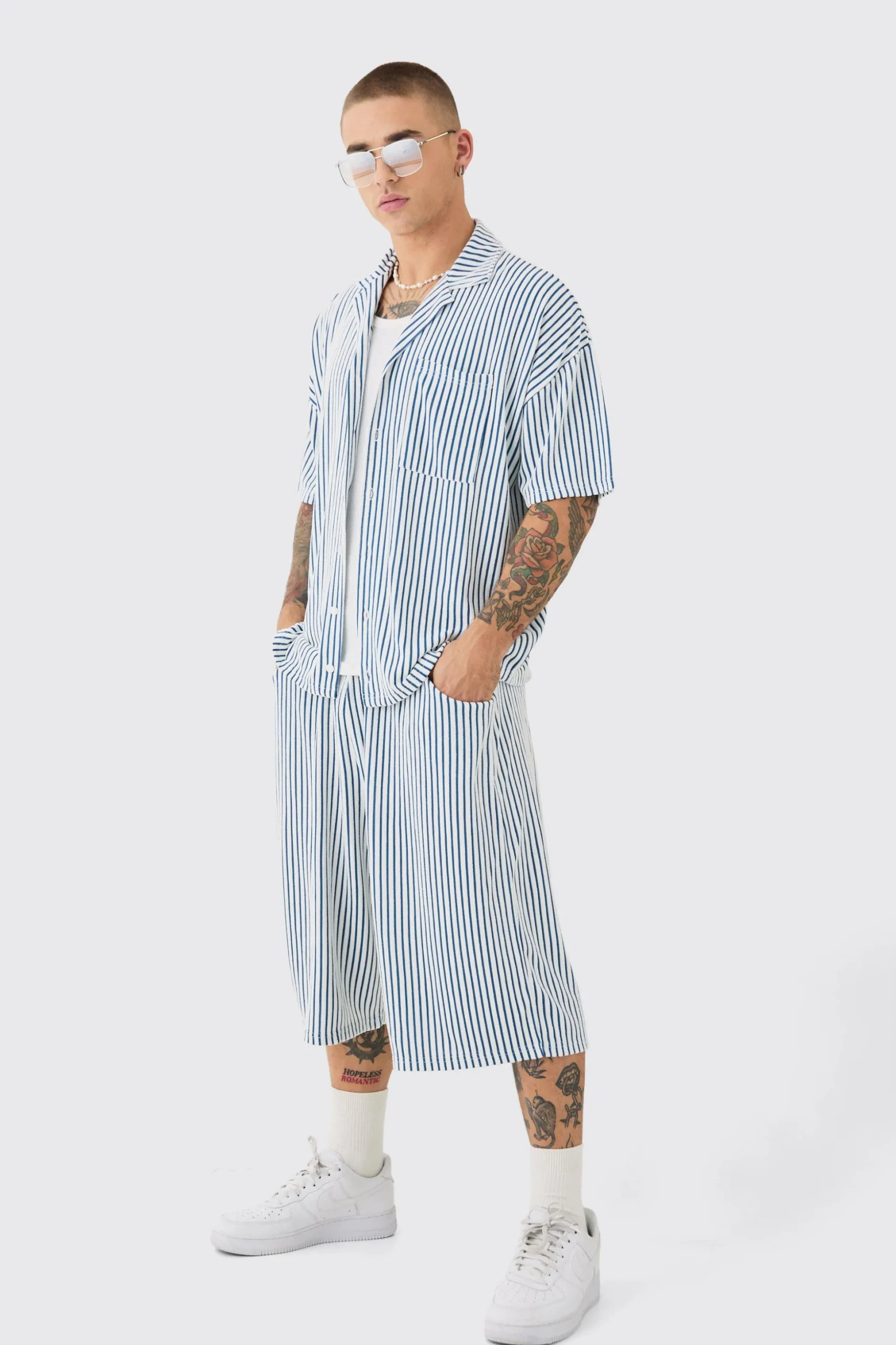 Two Tone Towelling Boxy Shirt And Short Set | BoohooMAN UK