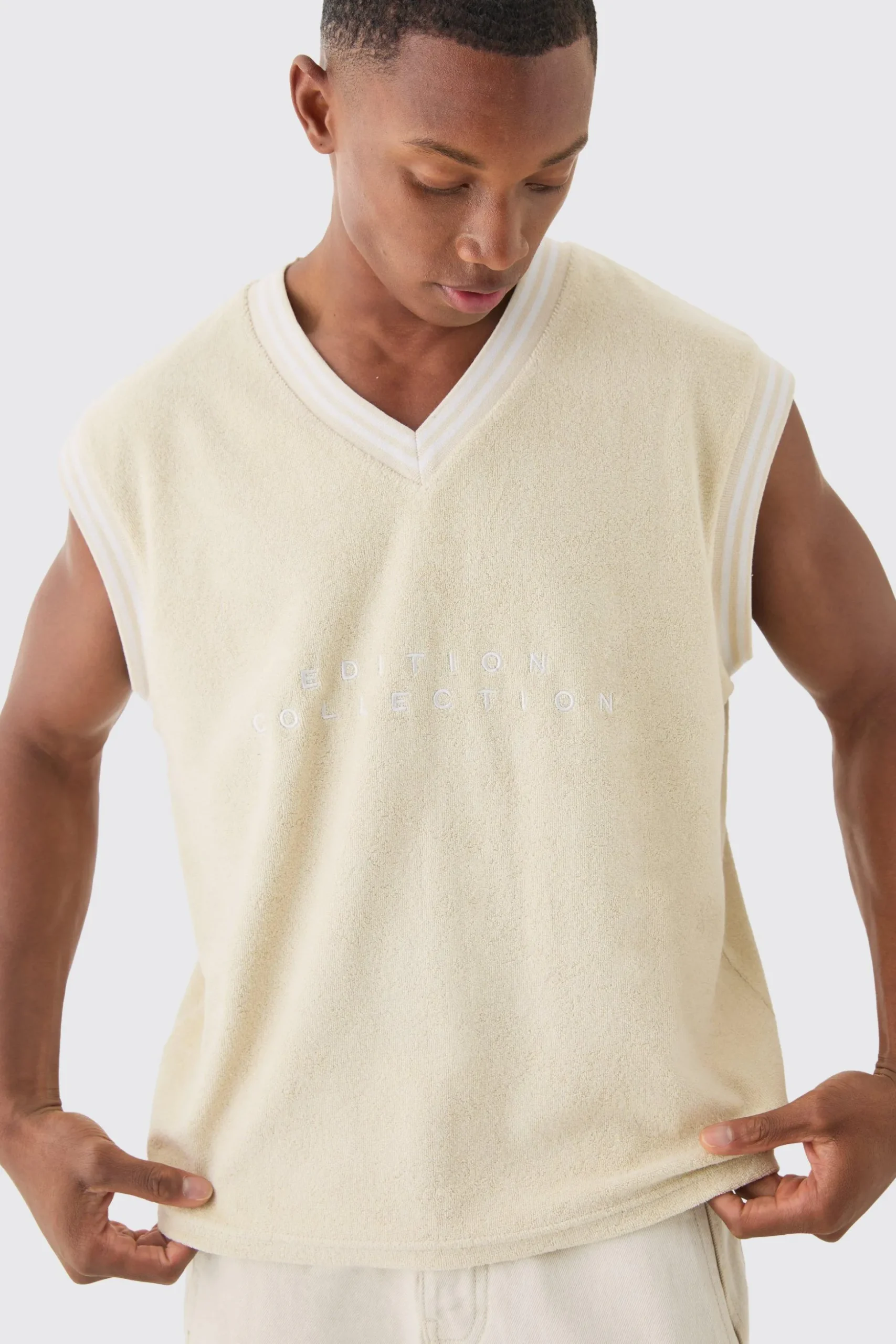 V Neck Limited Edition Towelling Sweater Vest | BoohooMAN UK