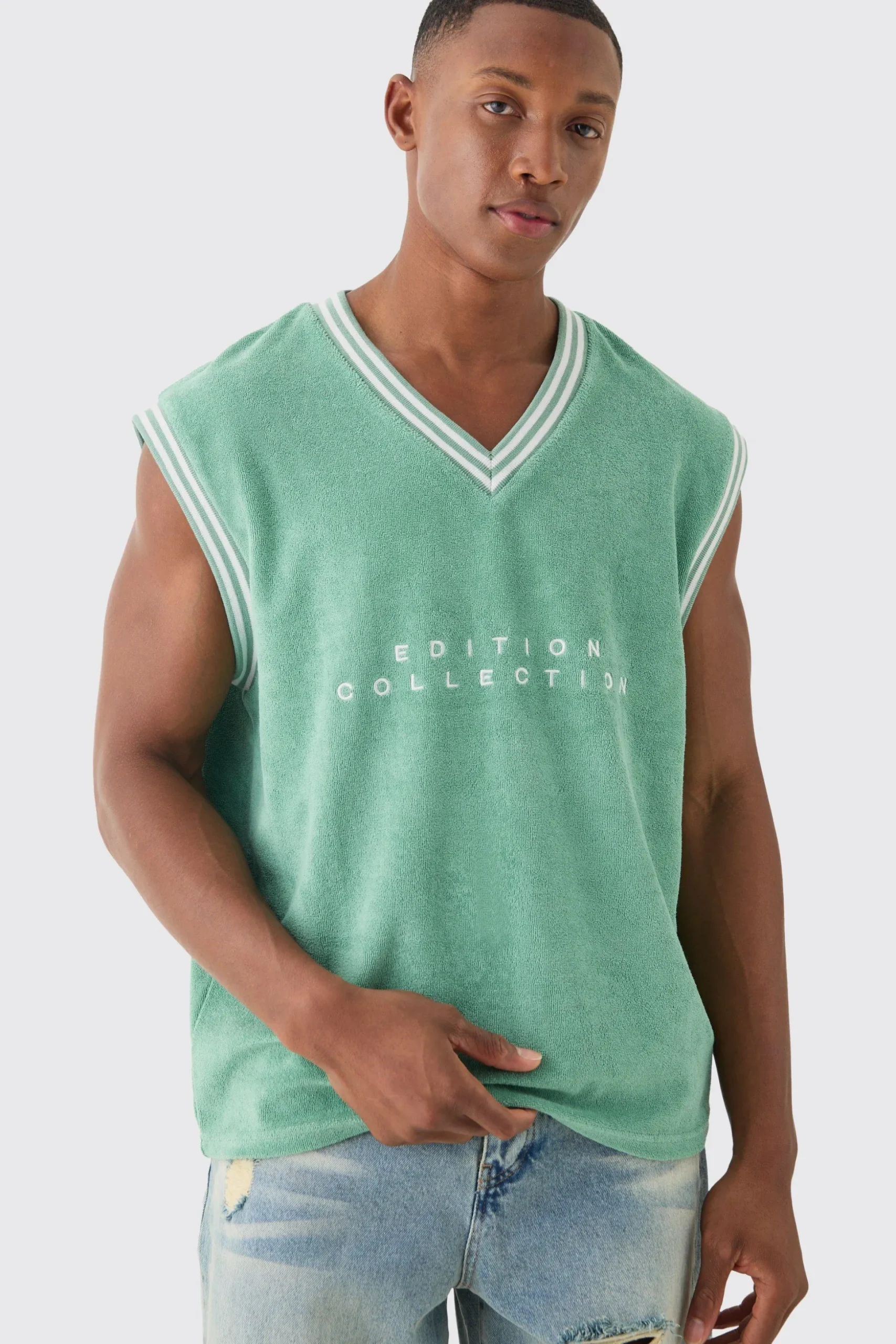 V Neck Limited Edition Towelling Sweater Vest | BoohooMAN UK