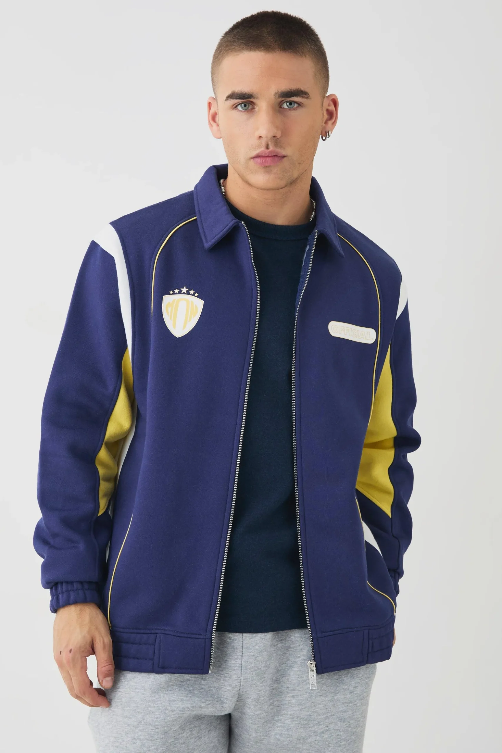 Varsity Embroidered Jersey Harrington Jacket | BoohooMAN UK