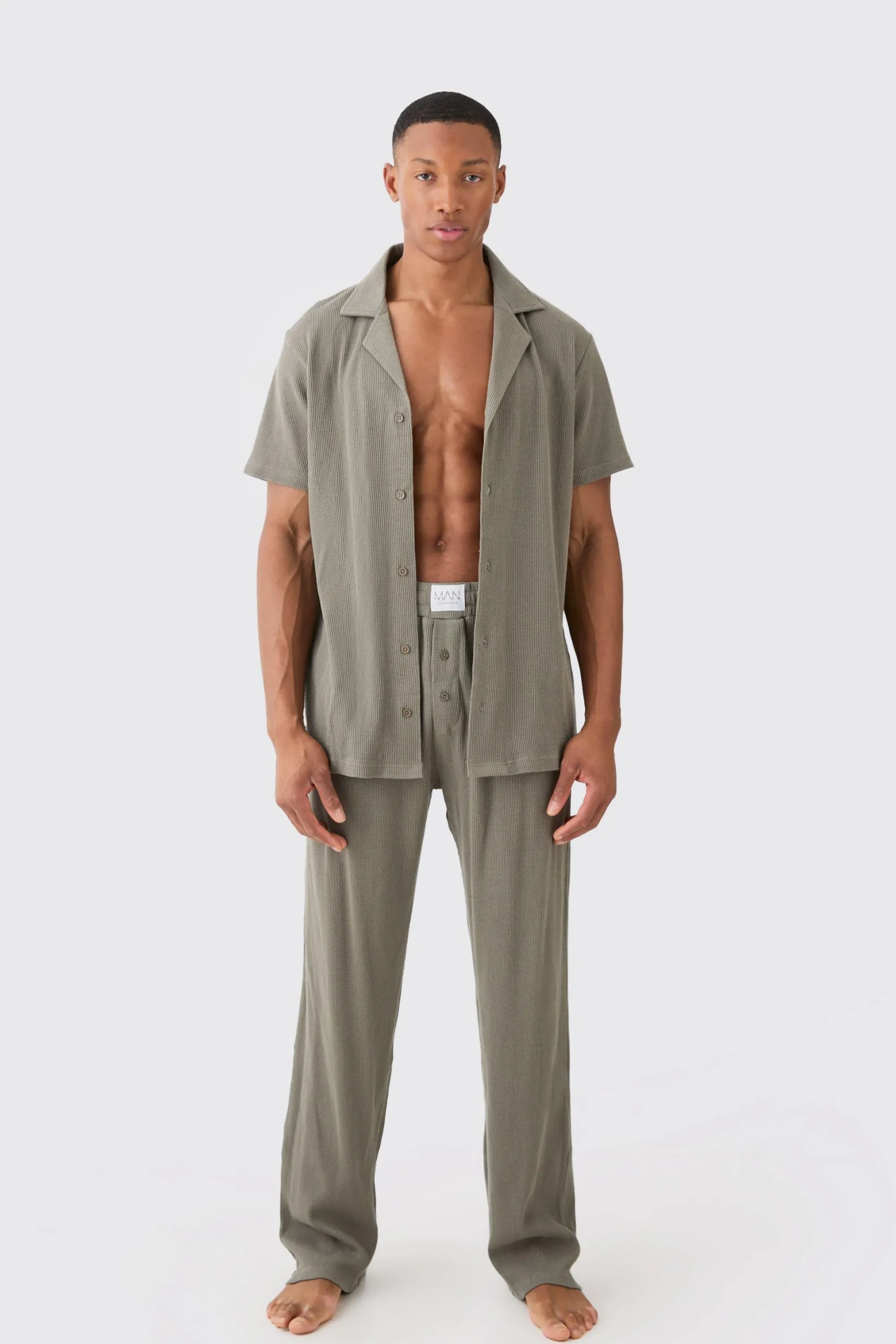 Waffle Lounge Shirt & Relaxed Bottom Set In Khaki | BoohooMAN UK