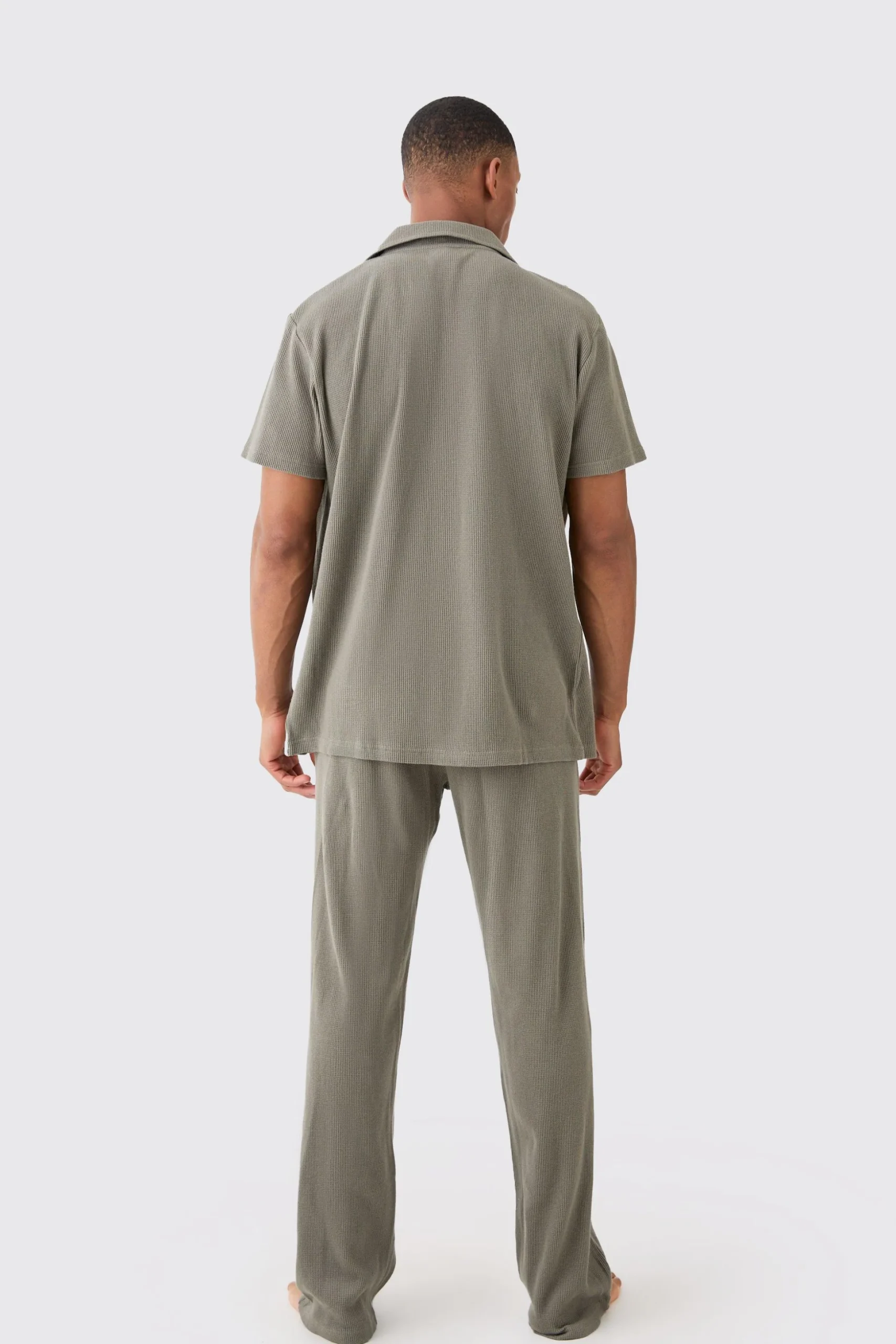 Waffle Lounge Shirt & Relaxed Bottom Set In Khaki | BoohooMAN UK