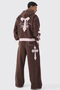 Wide Leg Limited Edition Cross Applique Joggers | BoohooMAN UK