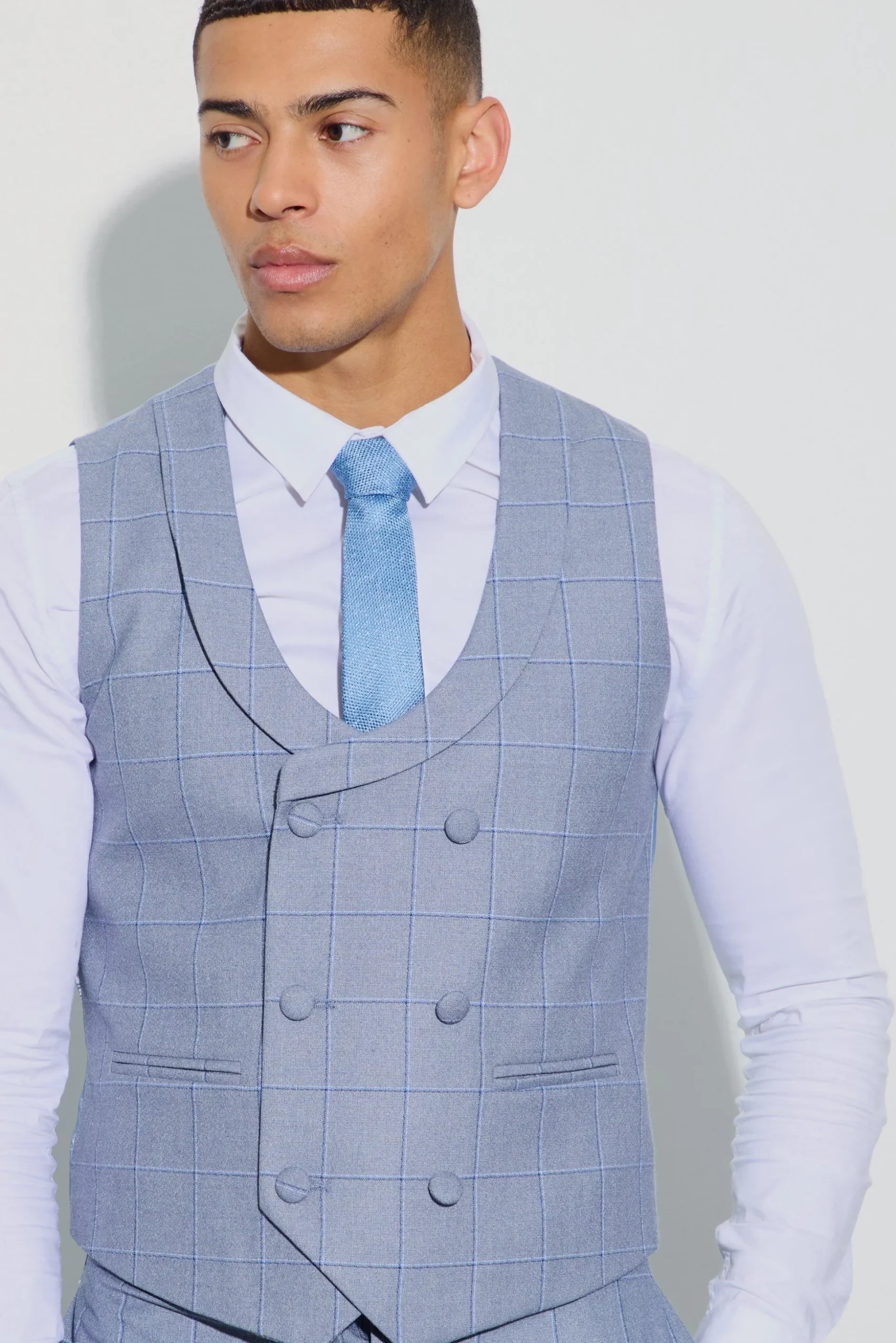 Window Check Double Breasted Waistcoat | BoohooMAN UK