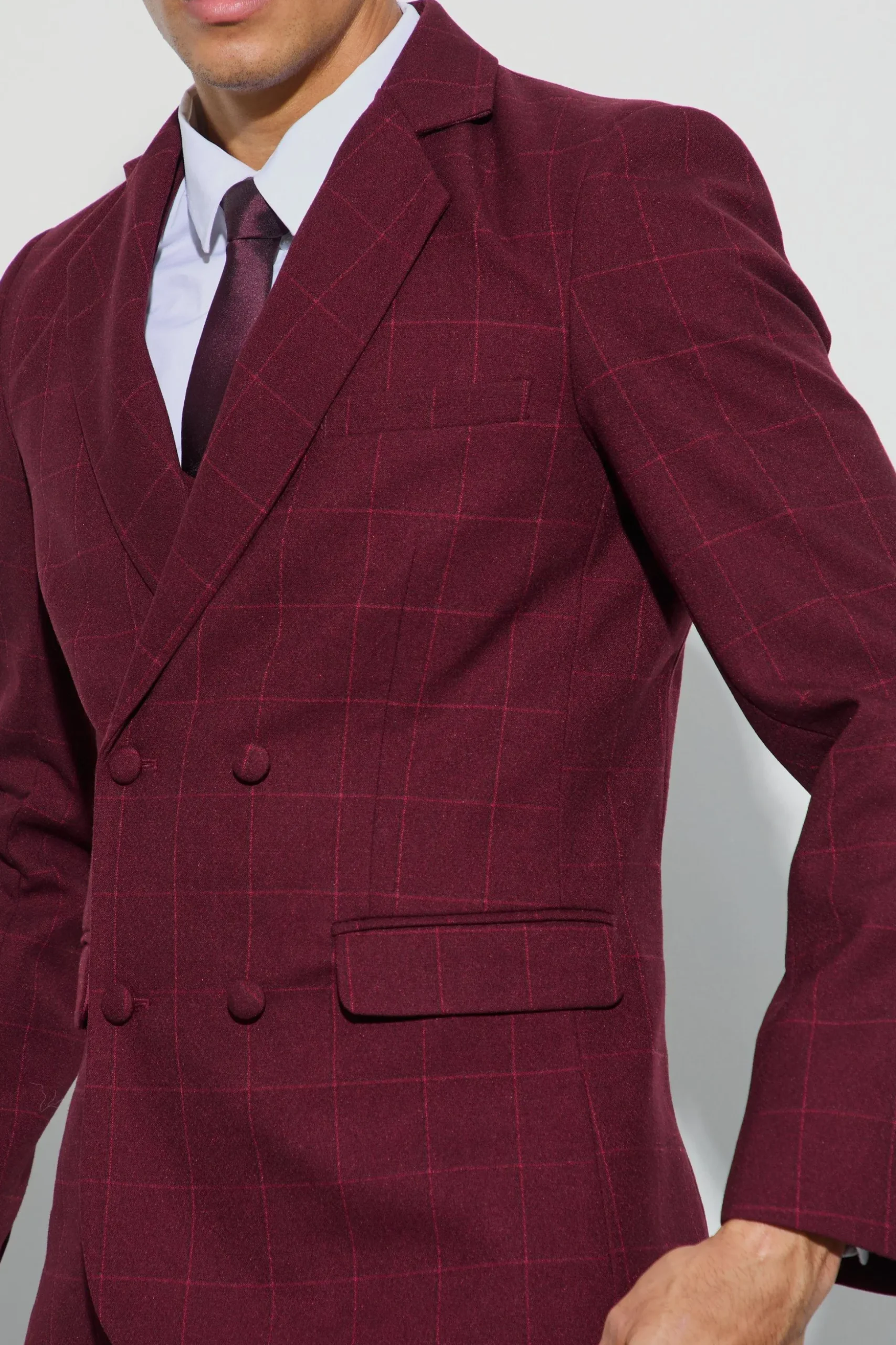 Window Check Double Breasted Slim Fit Blazer | BoohooMAN UK