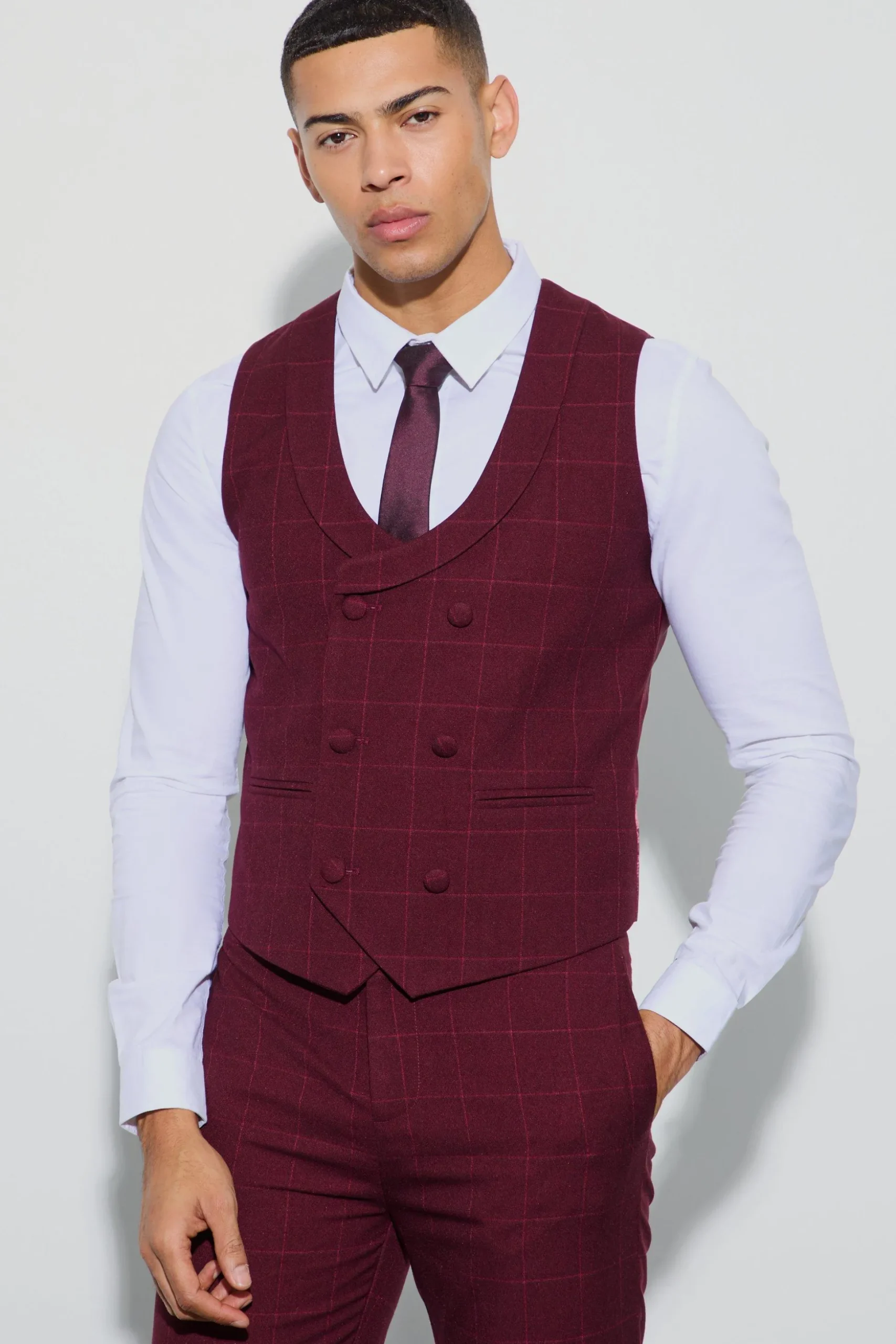 Window Check Double Breasted Waistcoat | BoohooMAN UK