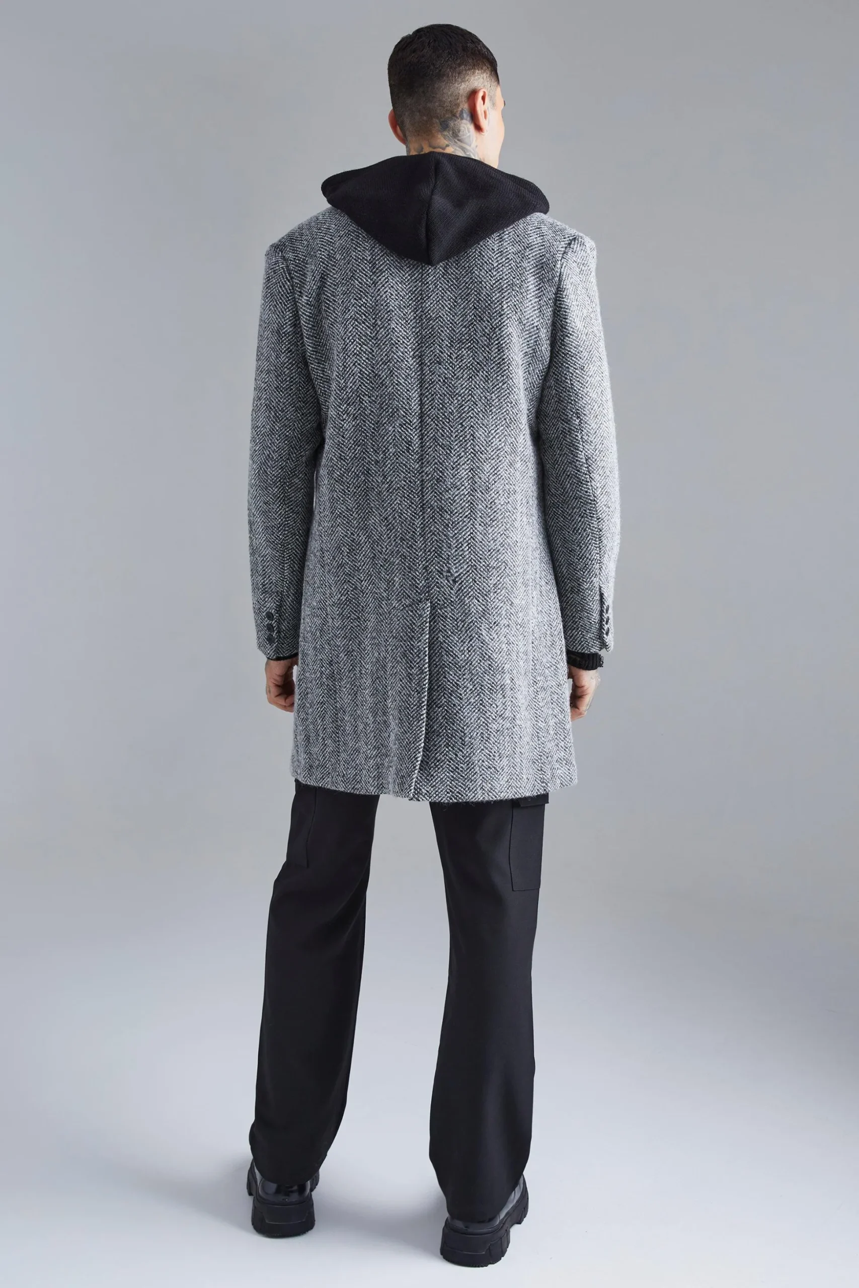 Wool Blend Herringbone Overcoat | BoohooMAN UK
