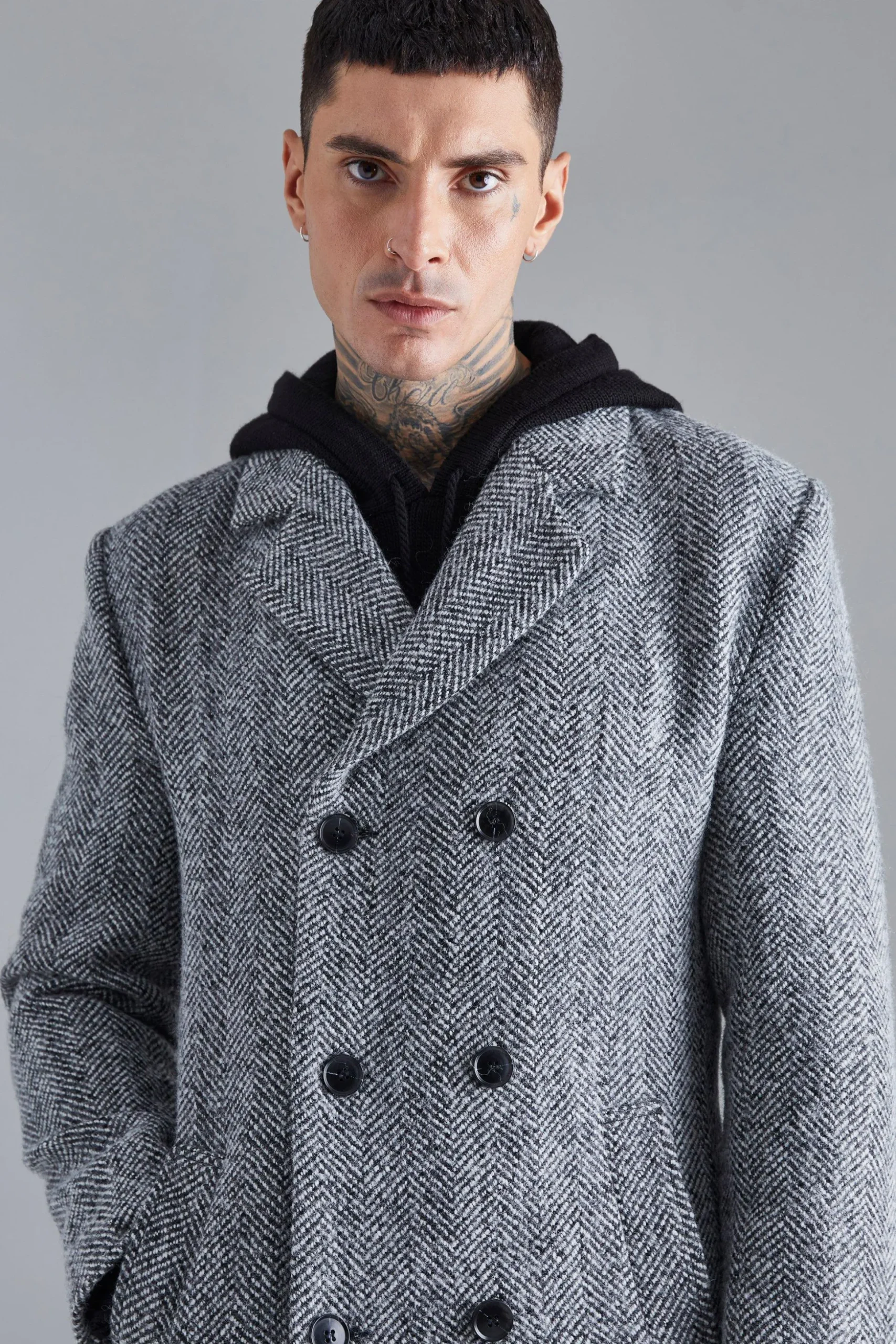 Wool Blend Herringbone Overcoat | BoohooMAN UK