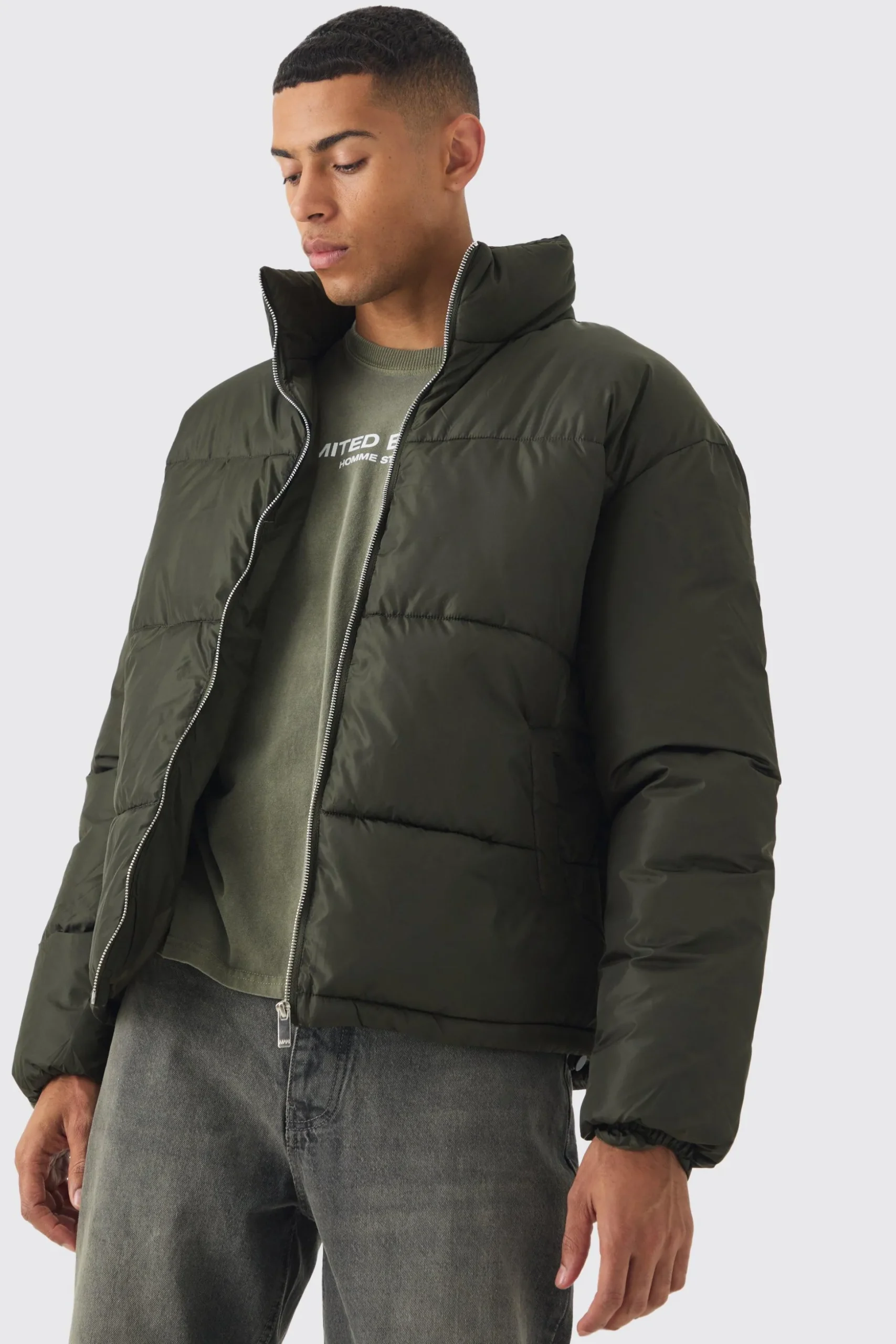 Worldwide Applique Funnel Neck Puffer In Khaki | BoohooMAN UK